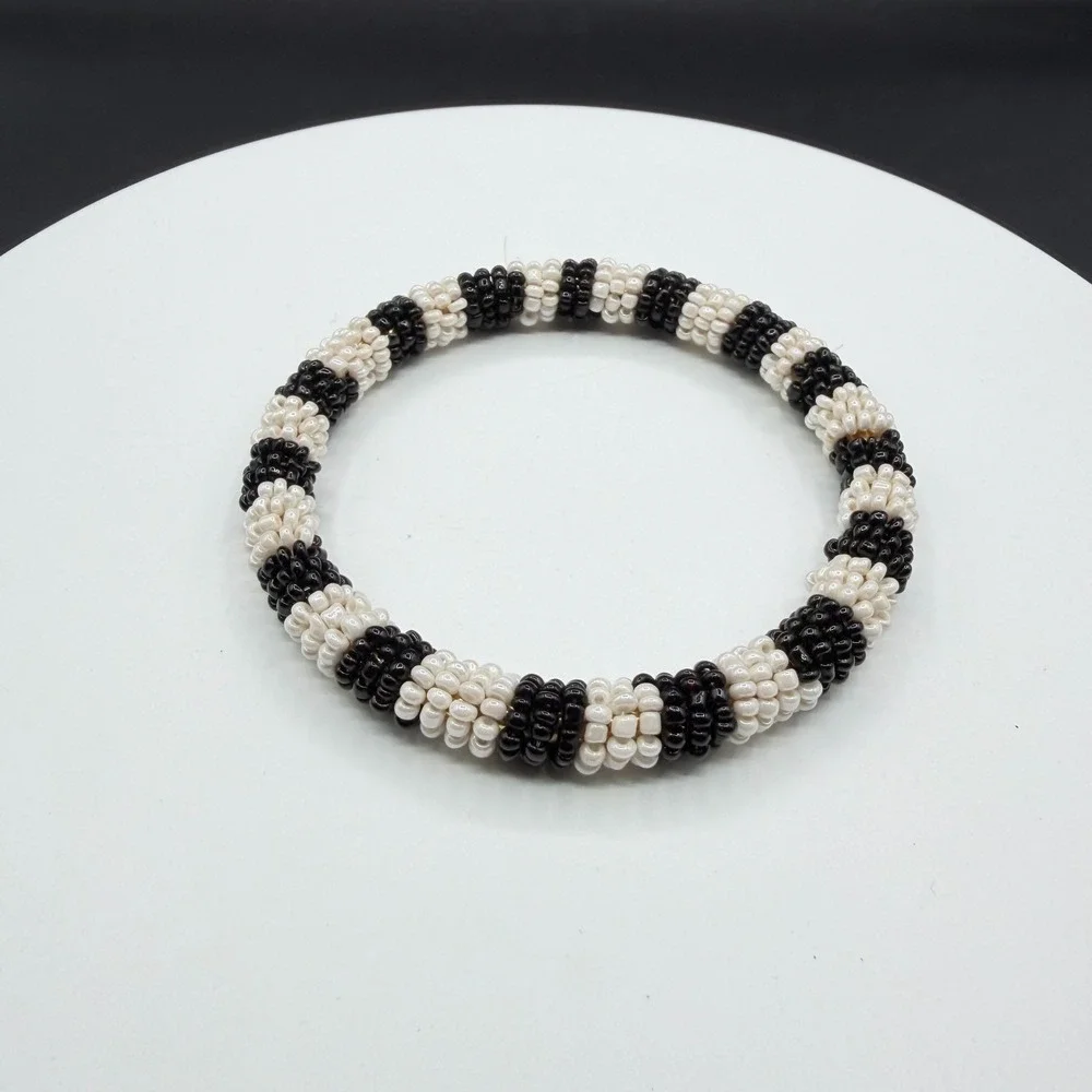 Black White Seed Bead Bangle Bracelet Boho Stretch Statement Handmade Gift Chic